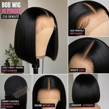 Women's Lace Front Bob Wig Straight Black Pre-Plucked Adjustable Strap 10 in