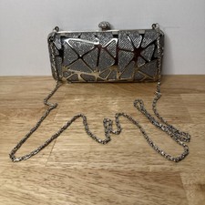 Silver Evening Clutch Purse With Geometric Design And Rhinestones