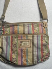 Fossil Canvas Patchwork Crossbody Shoulder Purse Handbag Patchwork 11.5x10