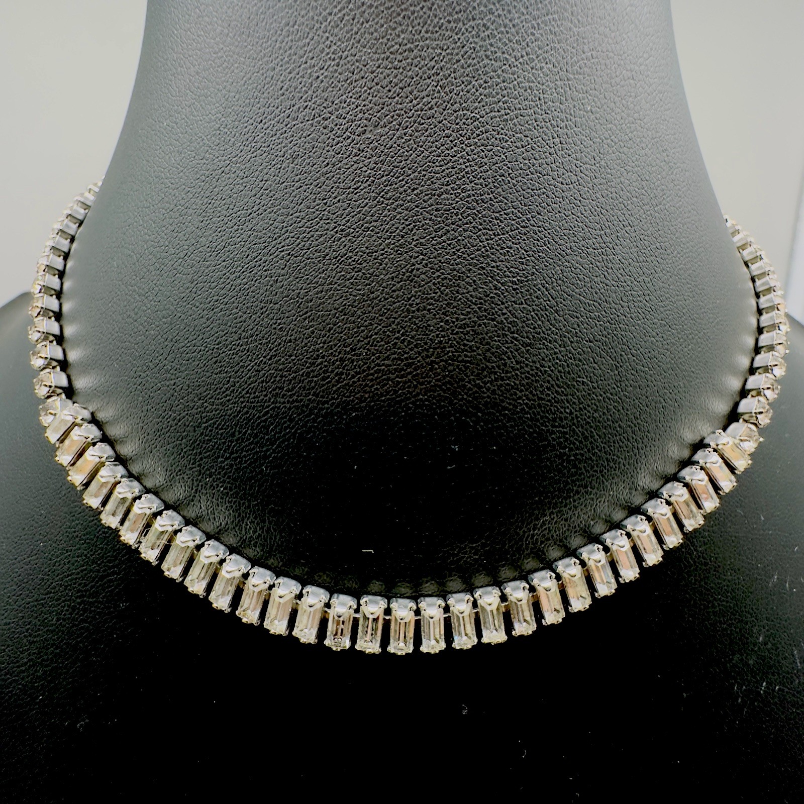 Vintage Silvertone Baguette & Prong Set Rhinestone 16” Choker Necklace
