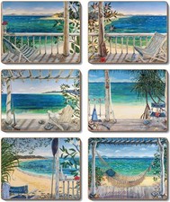 Juego de 6 posavasos de playa con respaldo de corcho para cocina rural