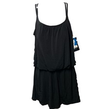 Maxine Of Hollywood Women's Romper Swimsuit One Piece Black with Pockets Size 14