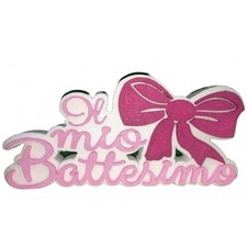 Centro Tavola Battesimo in Polistirolo con Scritta Glitter Rosa e Fiocco - 35 cm