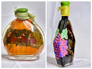 Set 9" Infused Glass Chili Pepper Spice + 12" Grape Hand Painted Decor Bottles