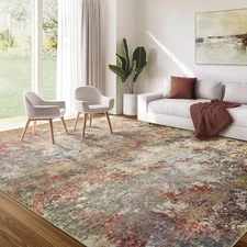 Washable Area Rug for Living Room: 9x12 Modern Abstract Neutral Soft Rug for 