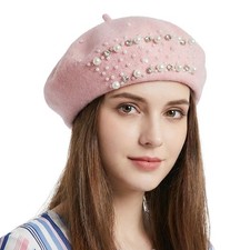 French Beret for Women Elegant Pearl Rhinestone Beanie Winter Artist Cap