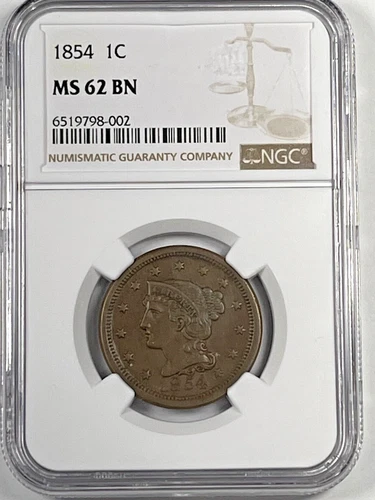 1854 Braided Hair Large Cent : NGC MS62BN