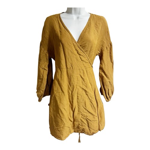 Madewell Linen-Blend Balloon-Sleeve Wrap Mini Dress size Small Mustard Yellow
