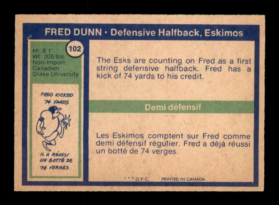 1972 O-Pee-Chee CFL #102 Fred Dunn   EXMT/EXMT+ X3502179 - Image 2 of 3