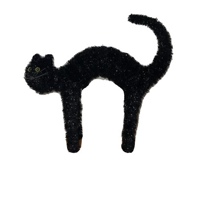Vintage Scared Black Halloween Tinsel Cat Statue Figurine Indoor Outdoor Decor