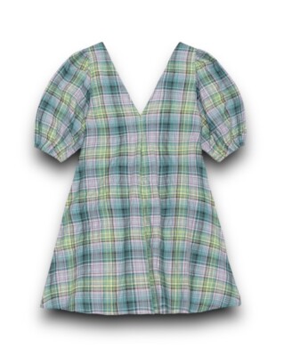 GANNI Check Seersucker Dress V-Neck Check Plaid Size US 36