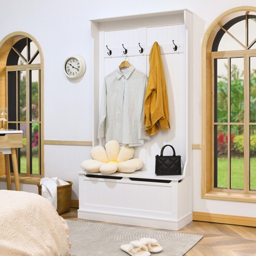 3-In-1 Hall Tree Coat Rack Shoe Bench Hooks Bottom Storage Entryway White Wood - Picture 8 of 12