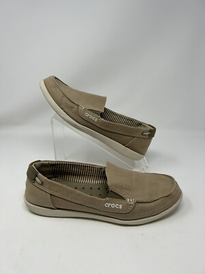 Crocs Walu Womens Sz US 11 Slip On Loafer Casual Comfort Shoes Tan Canvas  14391