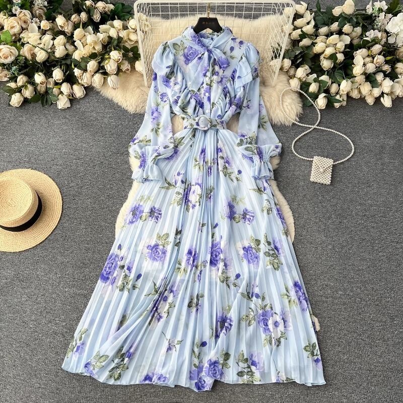 ！トラさん！Pleats collar Chiffon Dress トラさん！Pleats collar Chiffon Dress Printed Chiffon