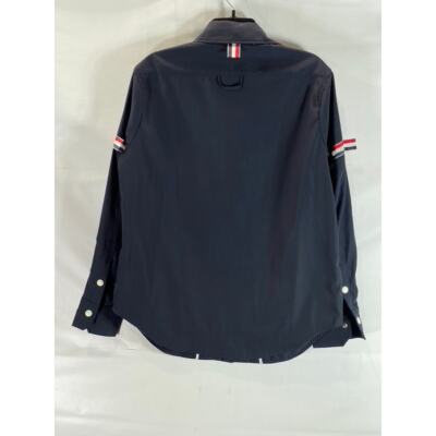 THOM BROWNE Men's Navy Stripe Armband Patch Button-Up Shirt Jacket