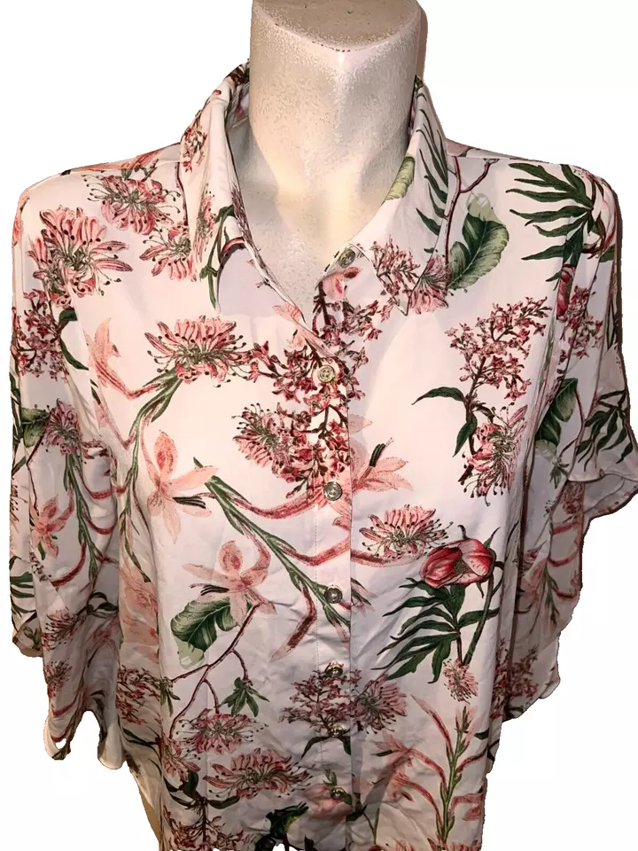 Blusa KENSIE Top Para Mujer Talla L Rosa Marfil Estampado Floral Botón 3/4 Ángel Slv Foto 2 de 4
