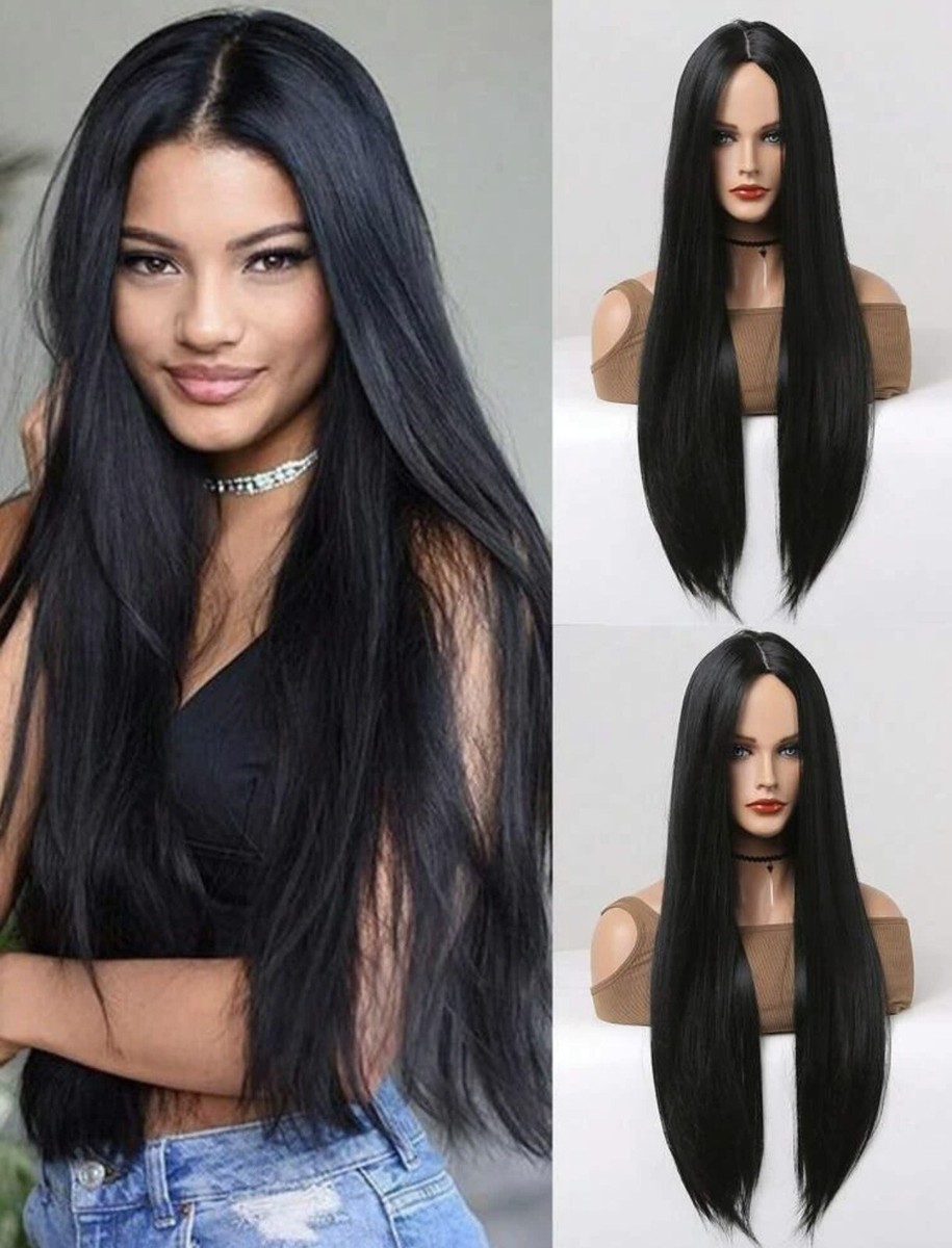 Perruque Longue Noire Lisse Synth�tique Avec Frange - Pour Femme