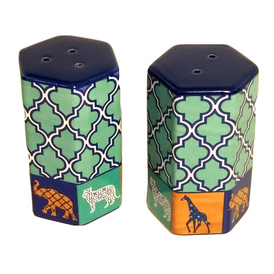 Vintage Sea World Moroccan Style Salt & Pepper Shakers African Animals Blue EUC