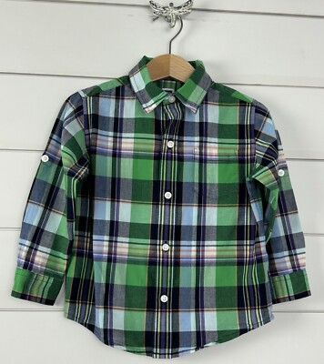 JANIE & JACK 2T Dress Shirt Madras Plaid Roll Cuff Green Navy Santa Barbara