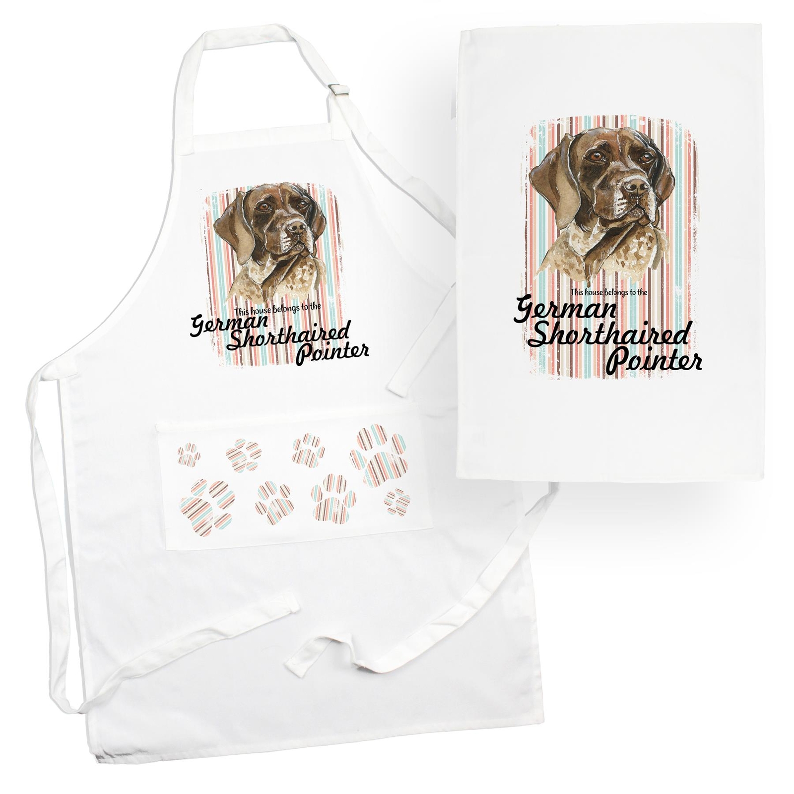 Pointer Tea Towel & Apron Set - Dogs & Paw Prints Kitchen Linens Gifts