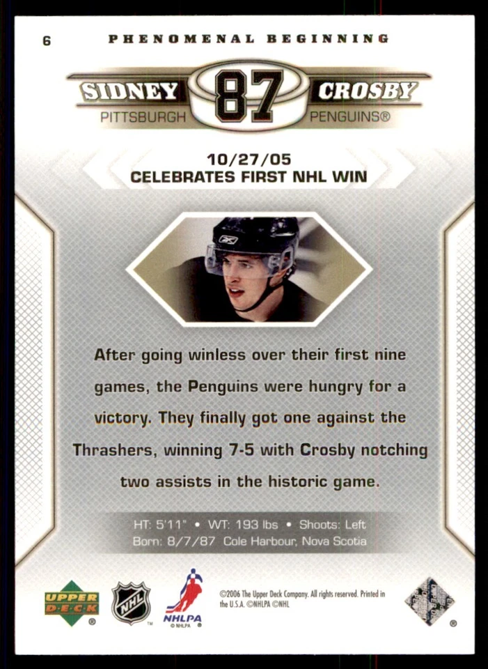 2005-06 Upper Deck Phenomenal Beginning Sidney Crosby Pittsburgh Penguins #6 - Image 2 of 2