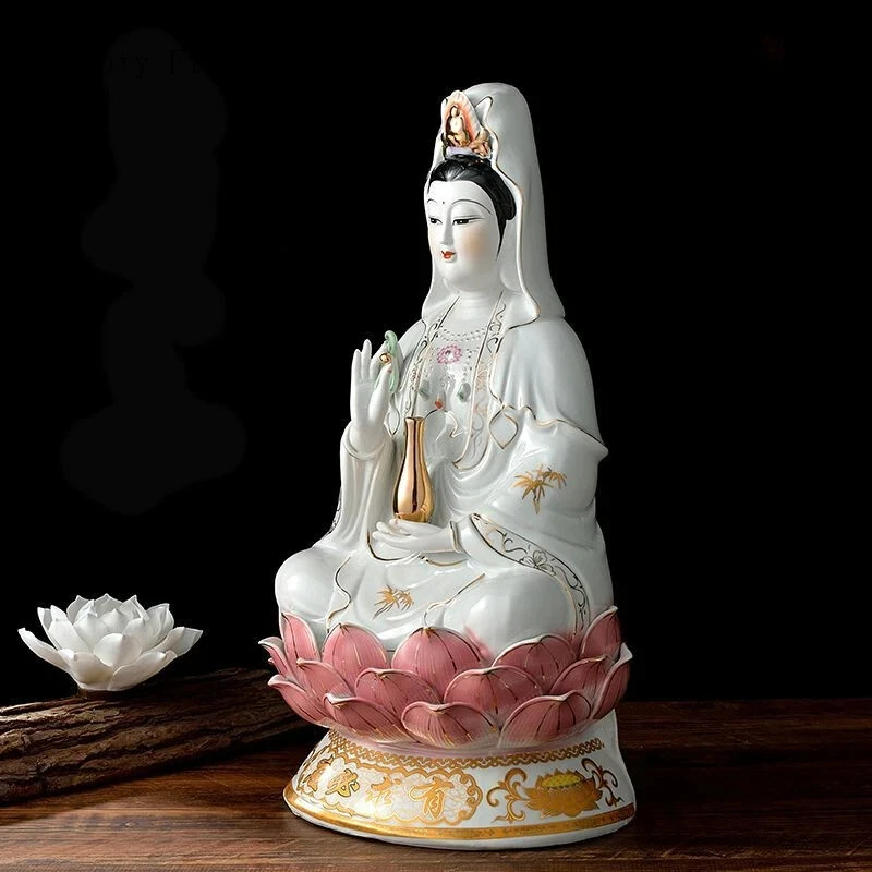 Decoración cerámica creativa clásica con estatua de Buda Guanyin pintada en oro Foto 3 de 4