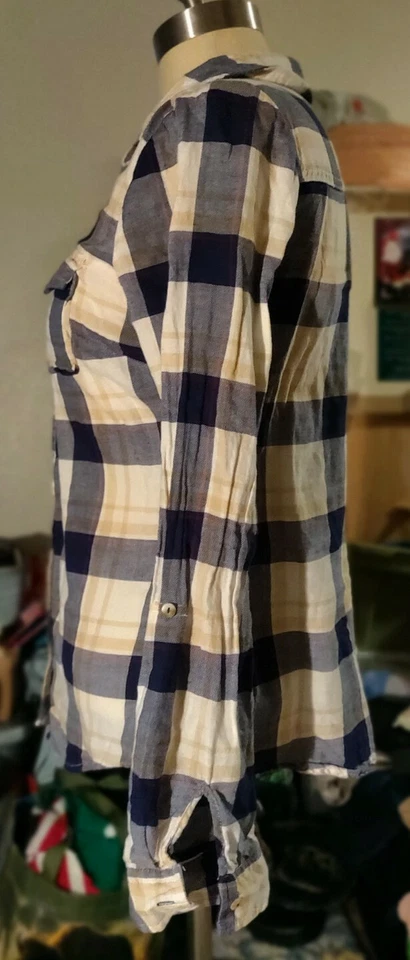 Girl Krazy Cotton Button up Shirt Medium Plaid long sleeve red, white, blue,tan - Image 2 of 4