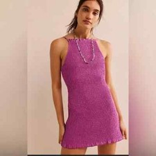 Free People Mini Dress Iyla Smocked Strappy Tie Back Beach Purple M RRP $88 New
