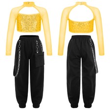 UK Girls Hip Hop Jazz Street Dance Costume Sequins Crop Top w/Cargo Trousers Set