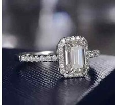 3Ct Emerald Cut Lab-Created Diamond Halo Engagement Ring 14K White Gold Plated