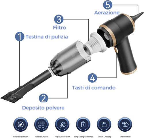 Aspirapolvere Senza Fili Portatile, Mini Aspirabriciole Potente per Auto, Pulizi - Foto 2 di 12