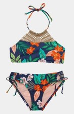  152 Hobie Girl's Blue Tropical Floral Macrame Bikini Two Piece Swimsuit Size 7