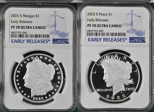 2coin set 2023-S ER Morgan Peace silver dollars Proof NGC PF70