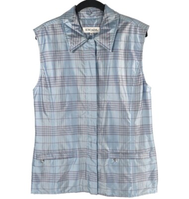 ESCADA 100% SILK Pink Blue Tartan Plaid Full Zip Puffer Vest Jacket Top Size 38