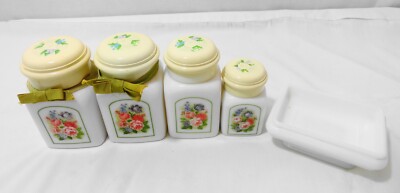 Vtg Avon Milkglass Vanity Powder Jars Country Gardens 5 pcs Soap Dish & Powders