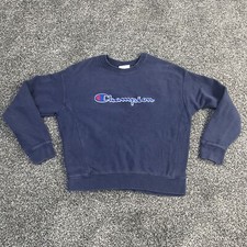 Champion Womens Blue Reverse Weave Cropped Sweatshirt Top Embroidered Spellout M