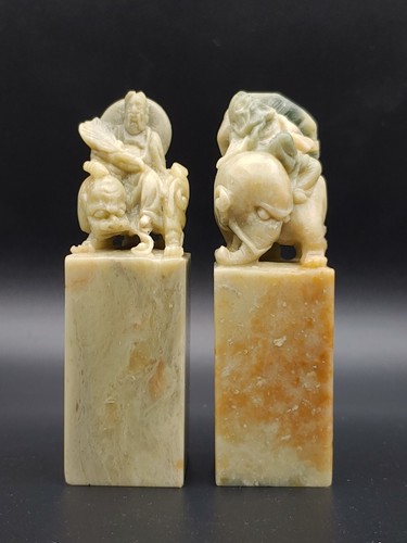青田石雕八仙铁拐李汉钟离骑瑞兽印章 Chinese Qingtian Stone Carved Baxian Riding Figurine Art Seals - Picture 3 of 24