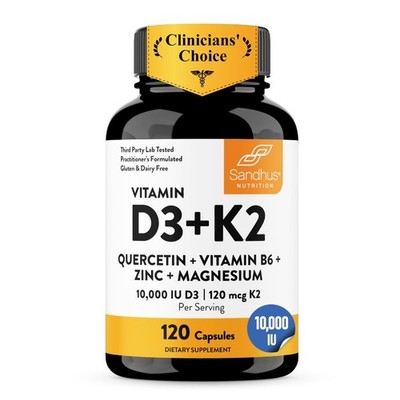 NEW！Sandhu's Vitamin D3 K2 Magnesium 10000 IU, 120mcg K2 Capsules 120 Count