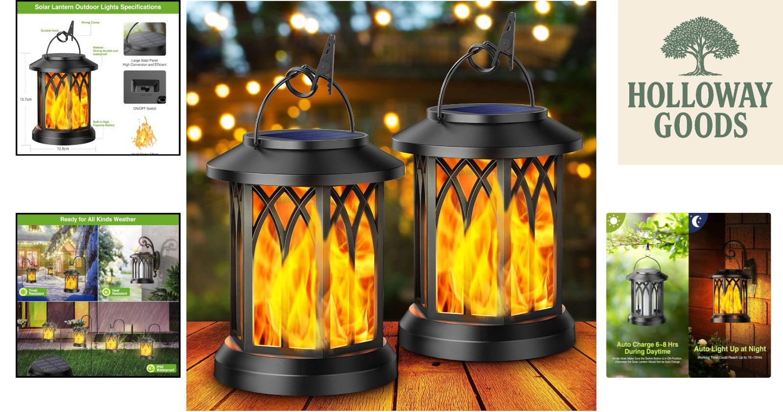 2 Pack Solar Hanging Lanterns with Realistic Flickering Flame LED Effect