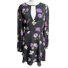Forever 21 Contemporary Floral Mini Dress Sheer Sleeve Black Purple Large L