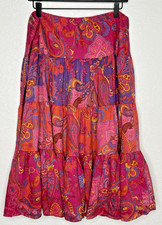 Lauren Ralph Lauren Sz L Tiered Linen Skirt Pink Paisley Midi Knee Boho Festival