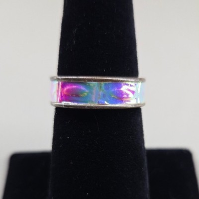 Iridescent Holographic Fabric Inlay Band Ring Silver Tone Size 7 Oil Slick