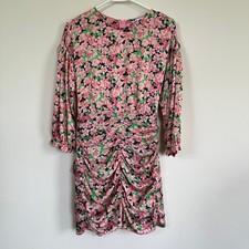 Zara Printed Dress with Draping Size SMALL Pink Floral Ruching Waist Tie Mini