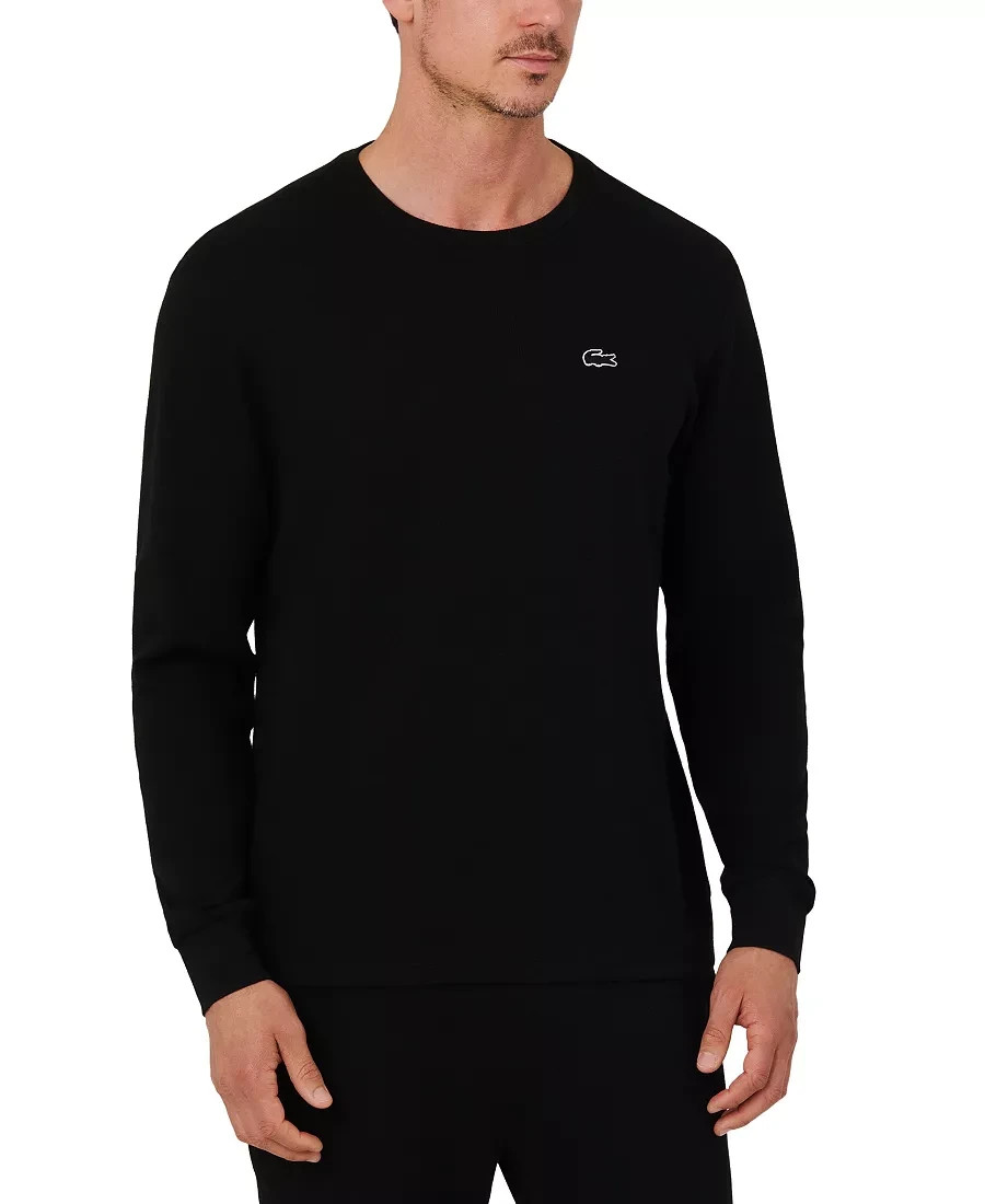 $55 Lacoste Men's Waffle Knit Thermal Sleep Shirt - Black - Medium-New With Tag