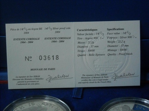 2004 GB ENTENTE CORDIALE Silver Proof 2 COIN SET 1.5 Euro + £5 +Case +COAs - Picture 4 of 10