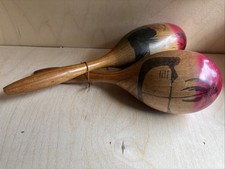 matching pair of vintage mid-century hand-painted tropical wooden maracas