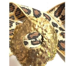 Vintage Brass Tone Belt Buckle Hammered 4" Leopard Print Adjustable Fabric Belt