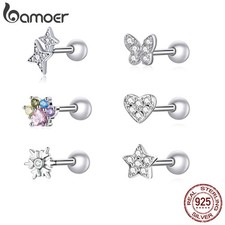 Bamoer 925 Sterling Silver Brilliant Star Earrings for Women Tiny Butterfly Stud