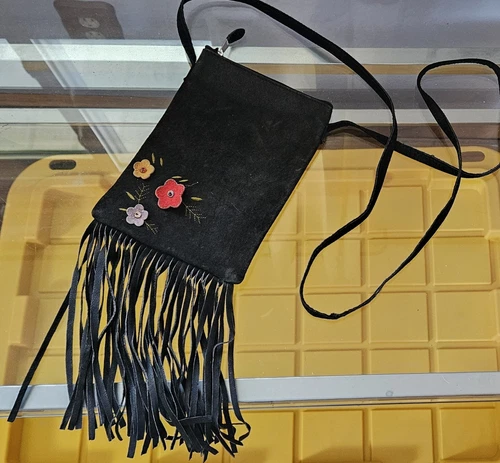 Vintage BLACK Suede CROSSBODY Purse Boho Hippie Flowers And Fringe 8x5.5