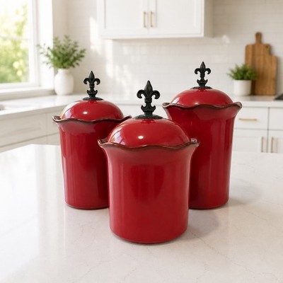 Southern Living At Home Styled CINNABAR CANISTER Red Fleur de Lis French 3-Set
